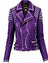 Violet Venom Women’s Studded Purple Leather Biker Jacket with Dual Belt Grip, Lapel Rebel Cut & Zipper-Loaded Windproof Power